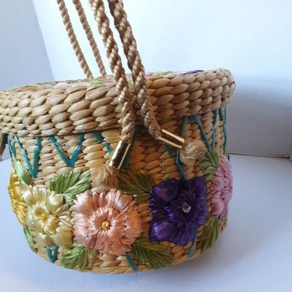 Vintage 70's Straw Floral Hats/ Tote Bag - Picture 10 of 12